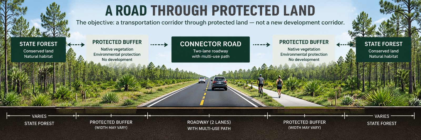 Diagram of proposed Alternative D2 from County Road 30A north through Point Washington State Forest to U.S. 98, beside the power line